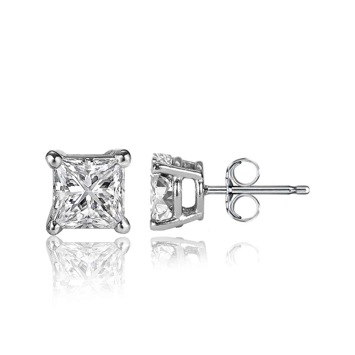 1 Carat Princess Cut 14K White Gold 4 Prong Basket Set Diamond Solitaire Stud Earrings (Classic Quality)