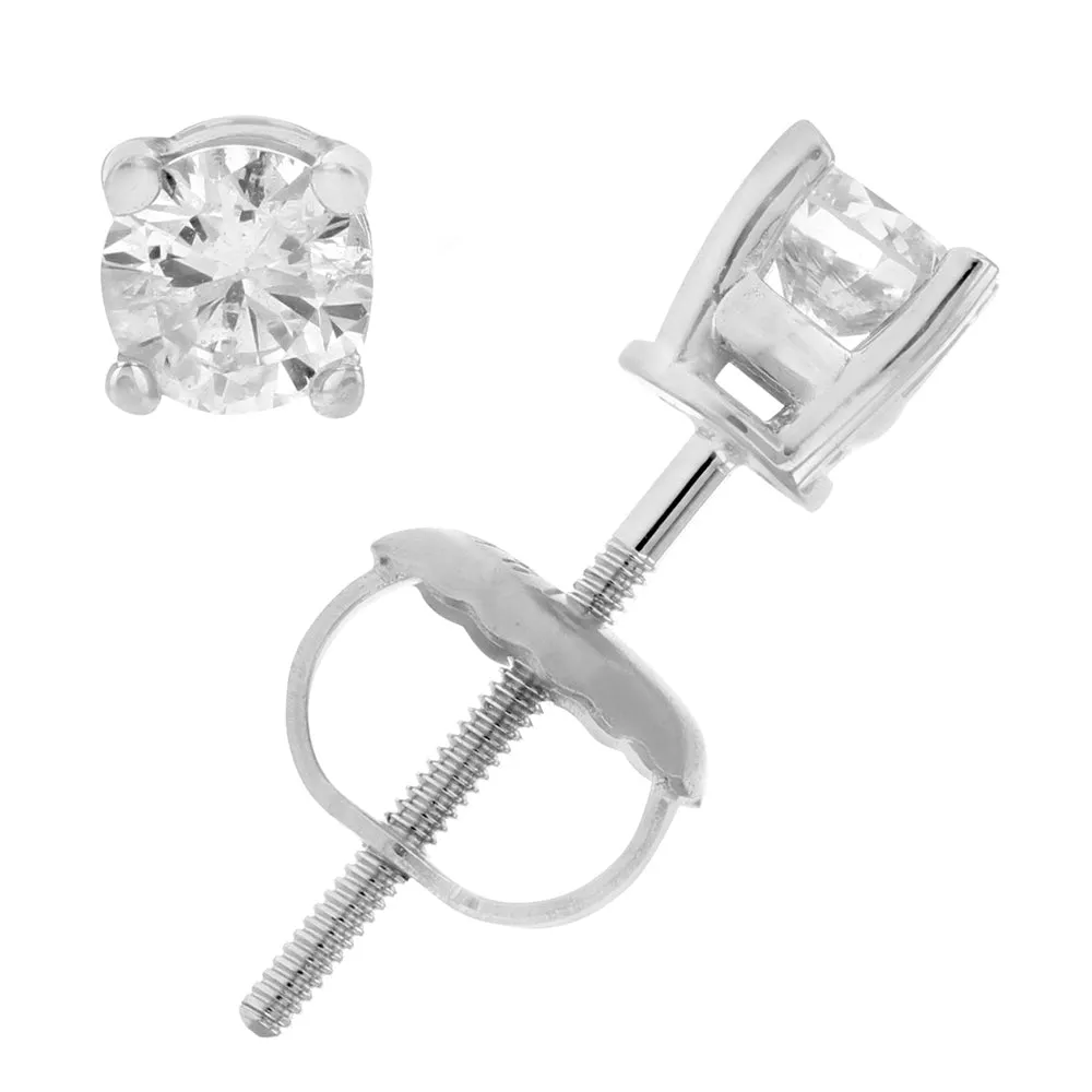 1 cttw Certified Diamond Stud Earrings 14K White Gold Round SI2-I1 Clarity H-I