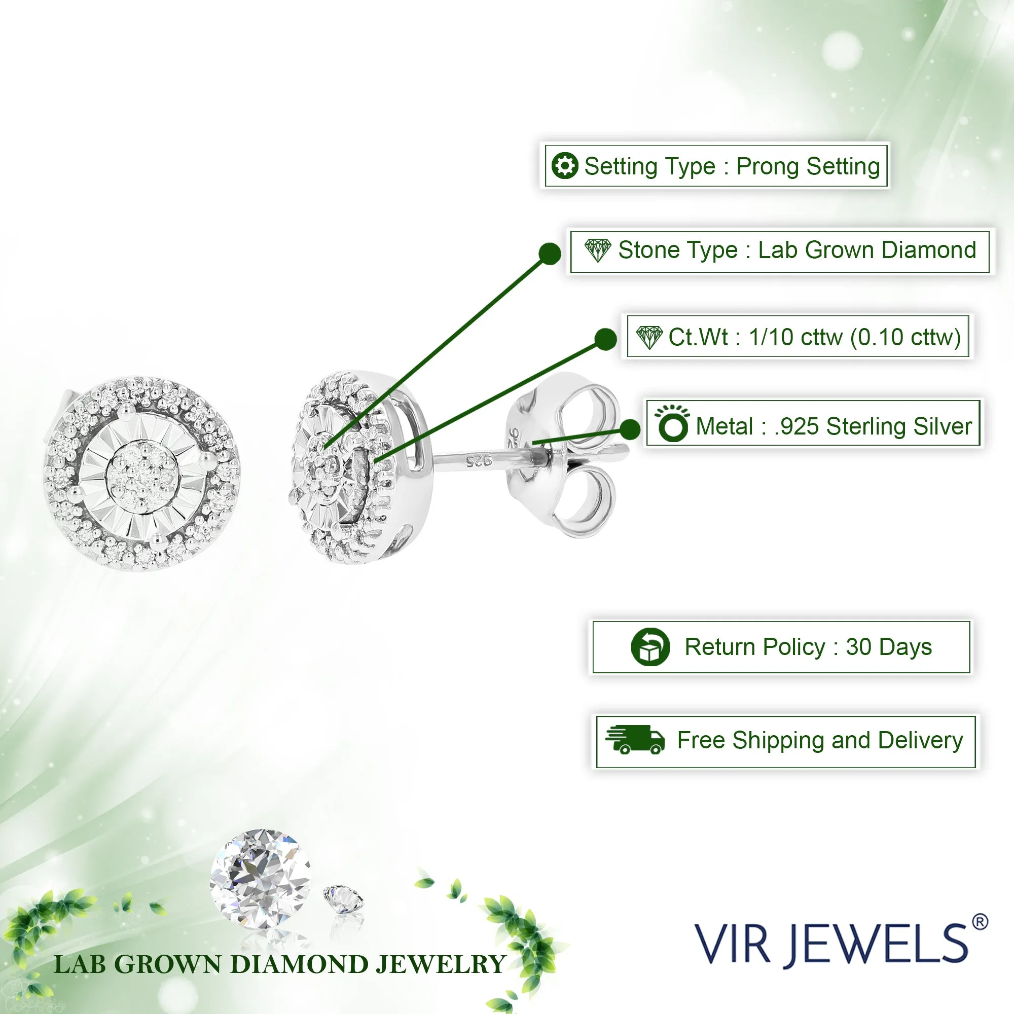 1/10 cttw 46 Stones Round Lab Grown Diamond Studs Earrings .925 Sterling Silver prong Set Round Shape