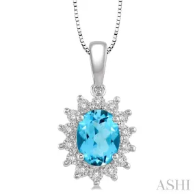 1/10 Ctw Oval Shape 8x6mm Blue Topaz & Round Cut Diamond Semi Precious Pendant in 10K White Gold