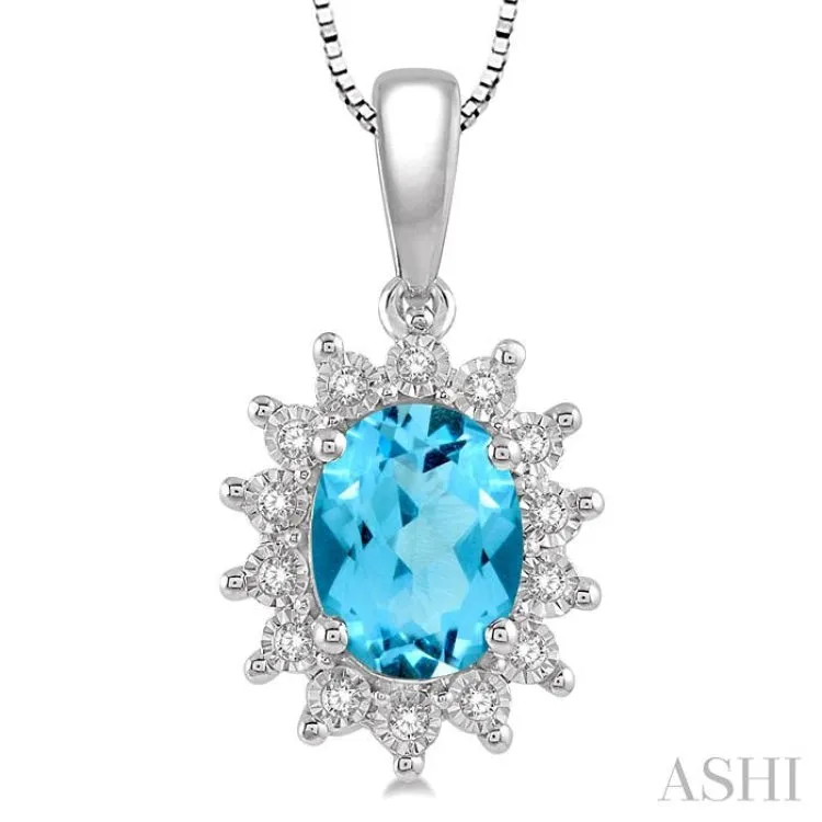 1/10 Ctw Oval Shape 8x6mm Blue Topaz & Round Cut Diamond Semi Precious Pendant in 10K White Gold