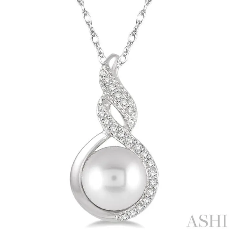 1/20 Ctw Round Cut Diamond Twisted 7 MM Cultured Pearl Accented Pendant in 10K White Gold with chain