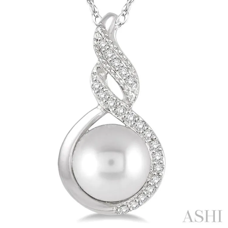 1/20 Ctw Round Cut Diamond Twisted 7 MM Cultured Pearl Accented Pendant in 10K White Gold with chain