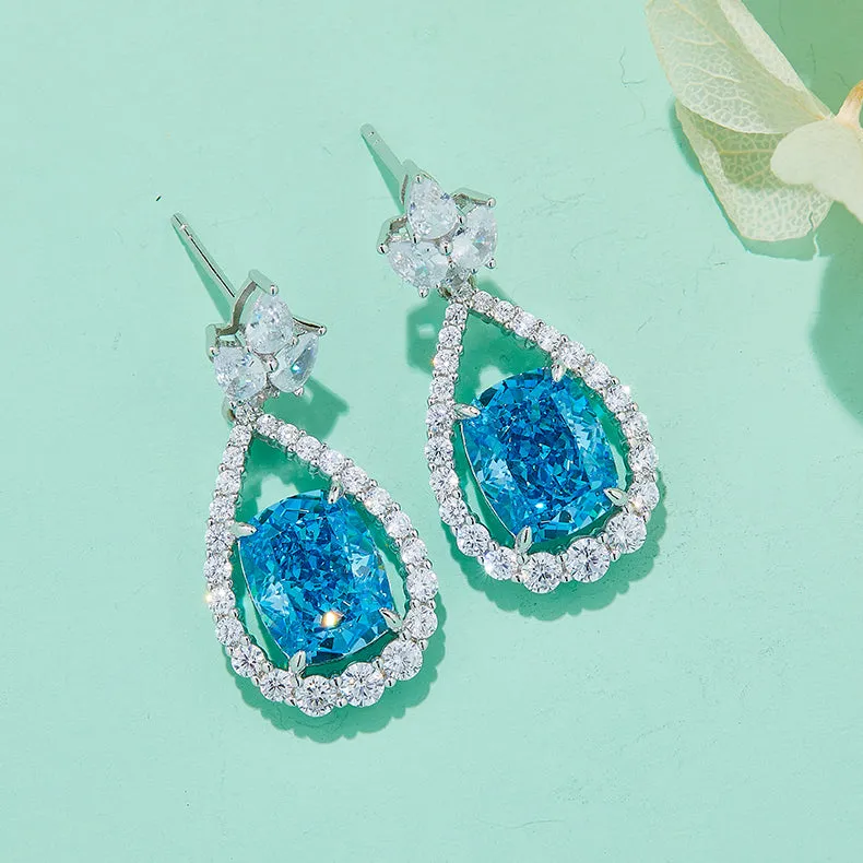 12.7Carat Cushion Cut Blue Zircon Water Drop Earrings