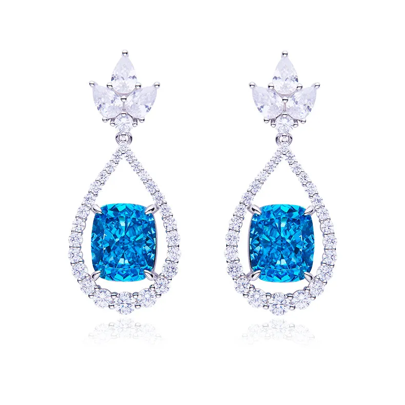 12.7Carat Cushion Cut Blue Zircon Water Drop Earrings