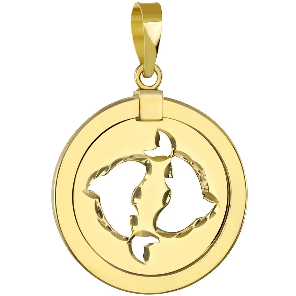 14K Gold Reversible Round Pisces Zodiac Sign Pendant with Cuban Chain Necklace - Yellow Gold