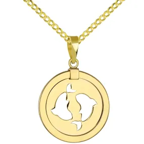 14K Gold Reversible Round Pisces Zodiac Sign Pendant with Cuban Chain Necklace - Yellow Gold