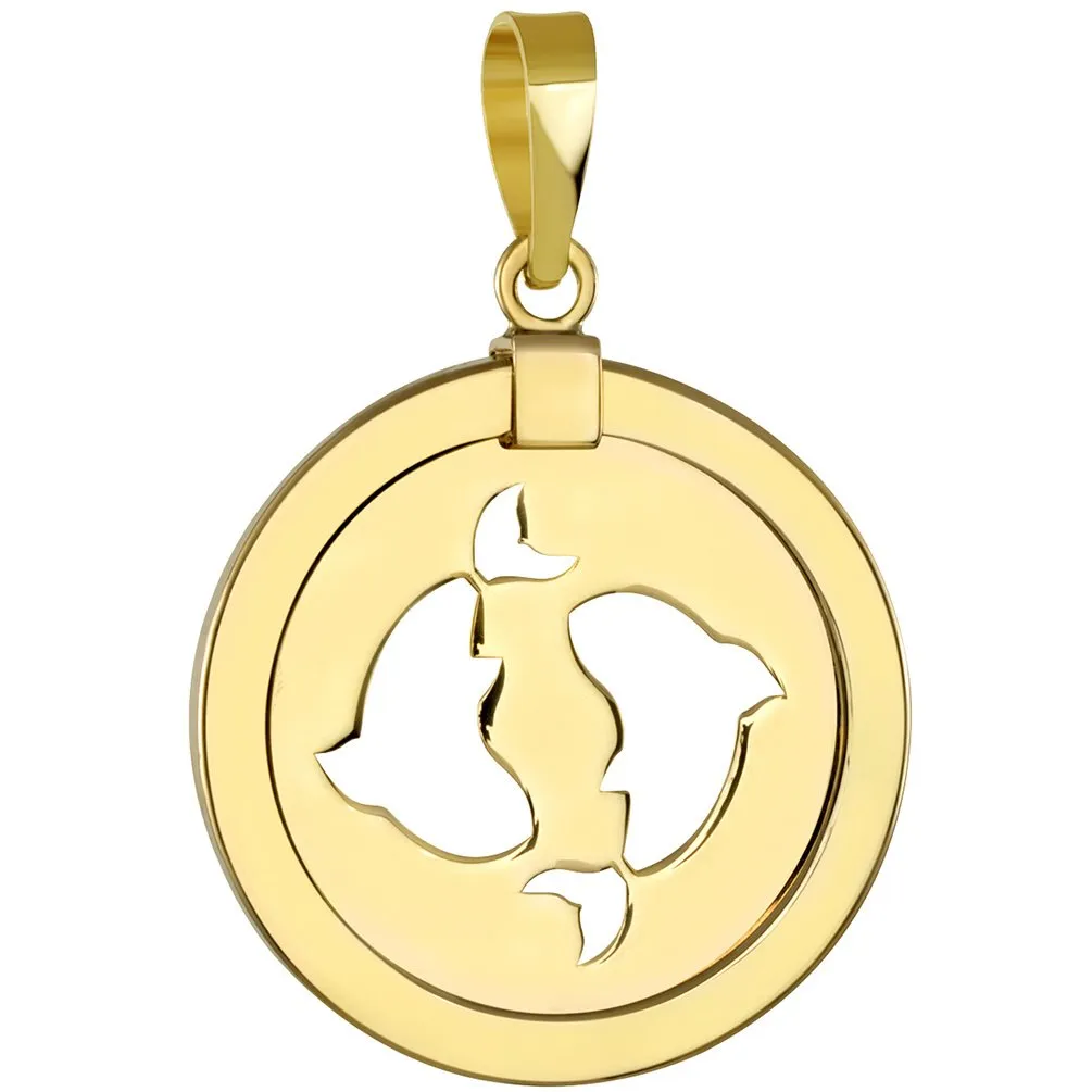 14K Gold Reversible Round Pisces Zodiac Sign Pendant with Cuban Chain Necklace - Yellow Gold