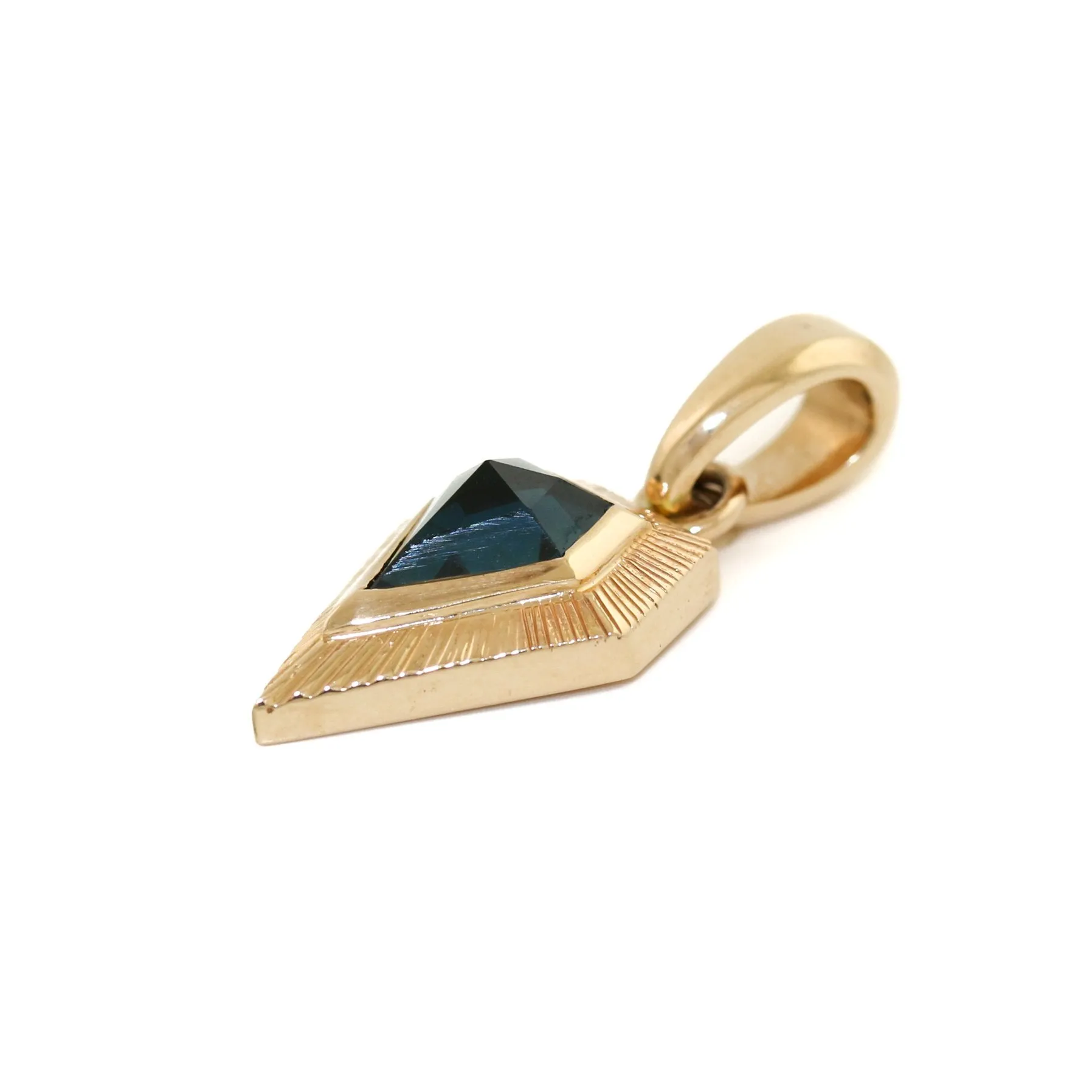 14K Gold x Teal Sapphire Art-Deco Arrowhead Sunburst Pendant