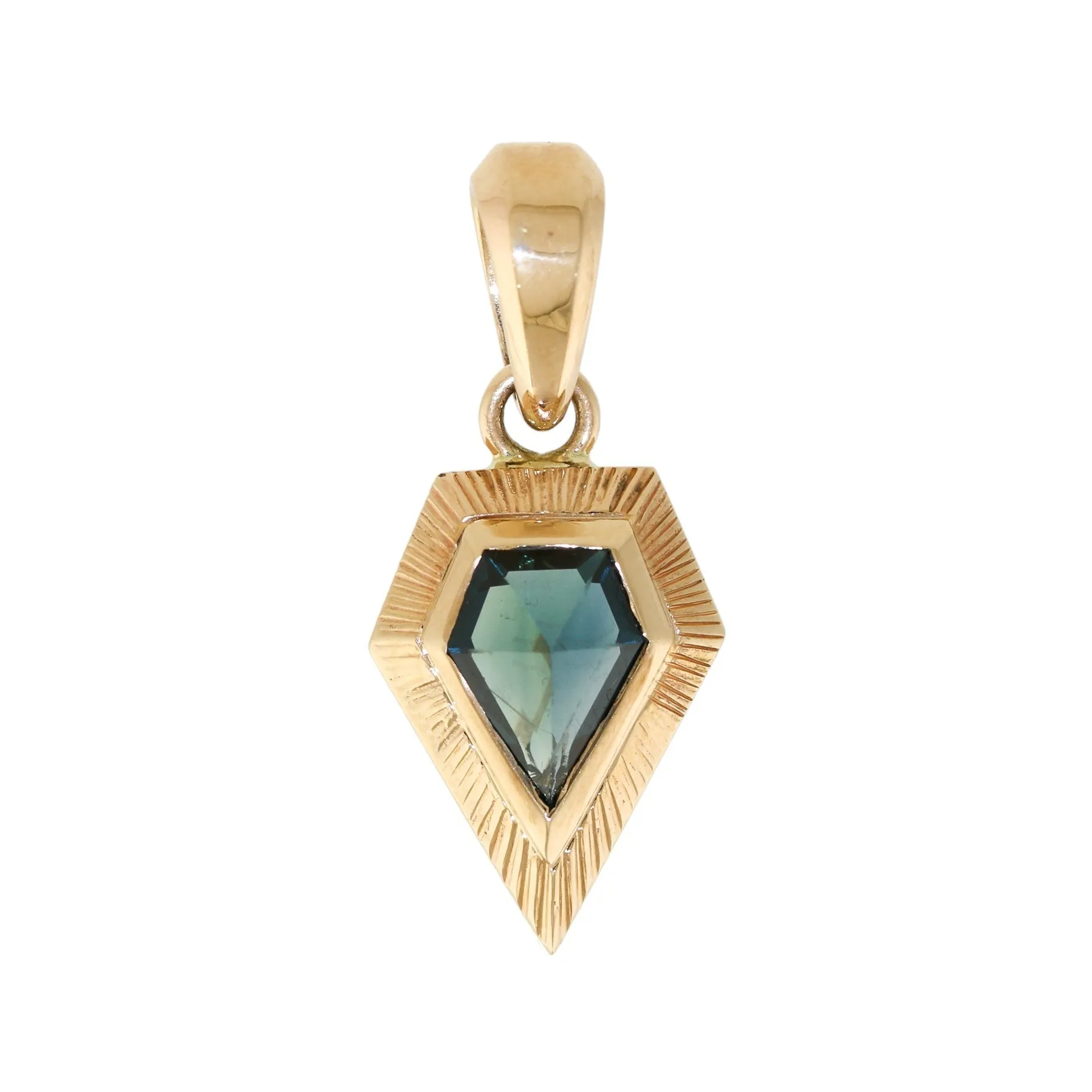 14K Gold x Teal Sapphire Art-Deco Arrowhead Sunburst Pendant