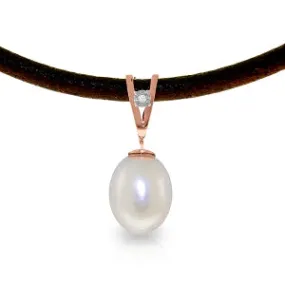 14K Solid Rose Gold & Leather Necklace w/ Diamond & Pearl