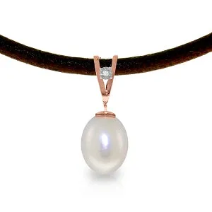 14K Solid Rose Gold & Leather Necklace w/ Diamond & Pearl