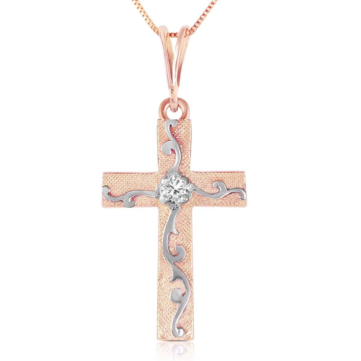 14K Solid Rose Gold Cross Necklace w/ Natural Diamond