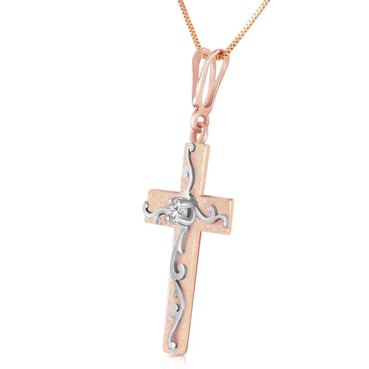 14K Solid Rose Gold Cross Necklace w/ Natural Diamond