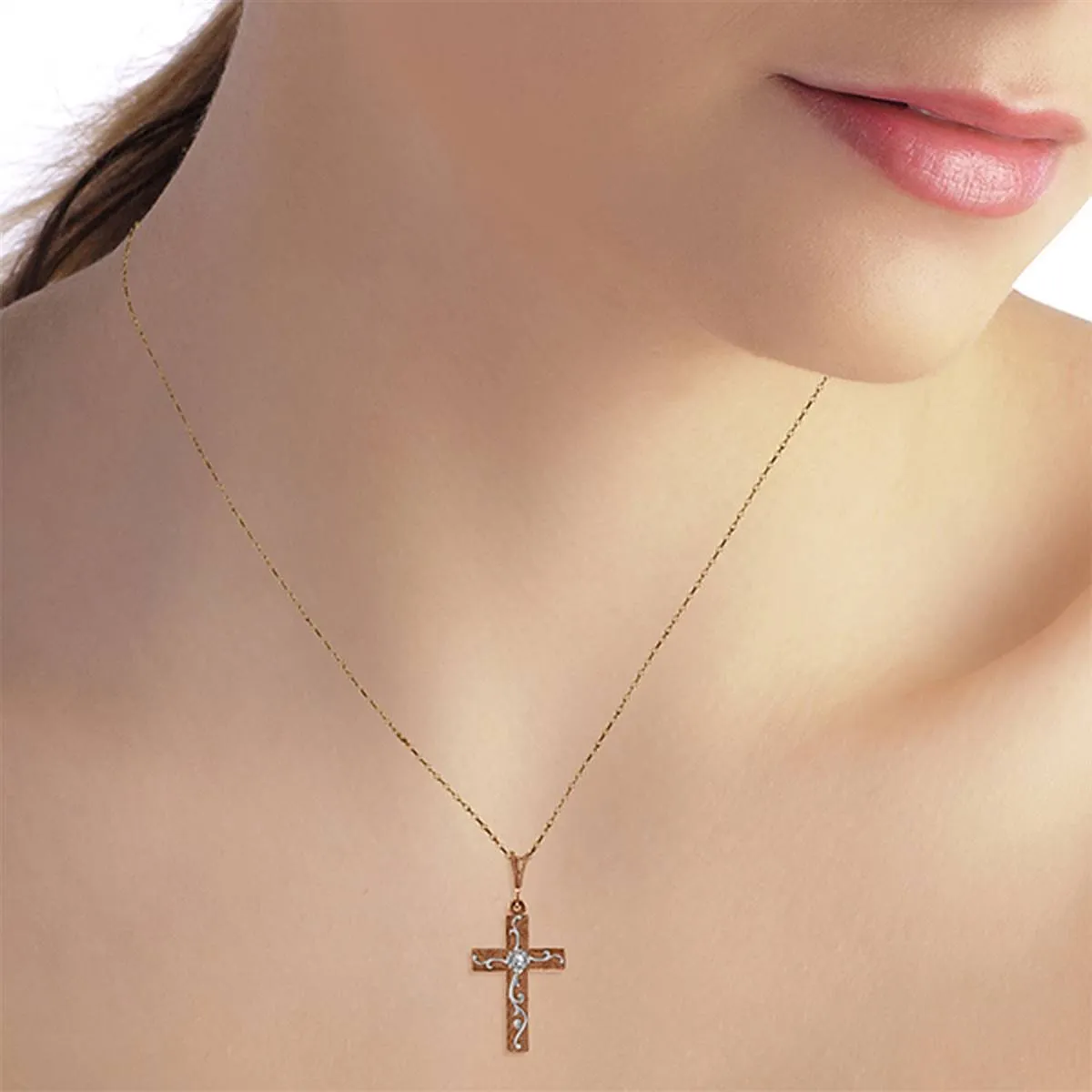 14K Solid Rose Gold Cross Necklace w/ Natural Diamond