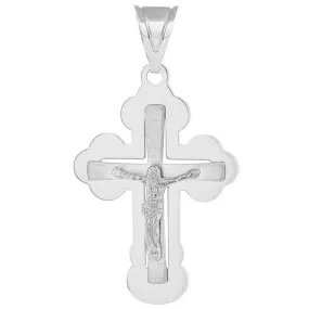 14k Solid White Gold Greek Orthodox Cross Crucifix Pendant