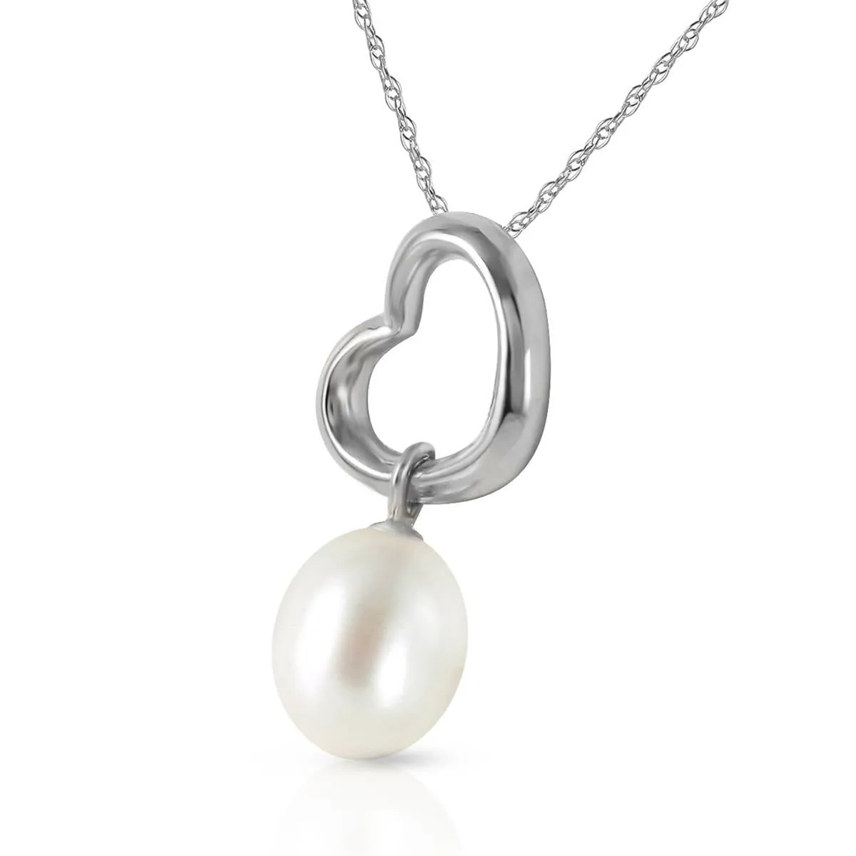 14K Solid White Gold Heart Necklace w/ Dangling Natural Pearl