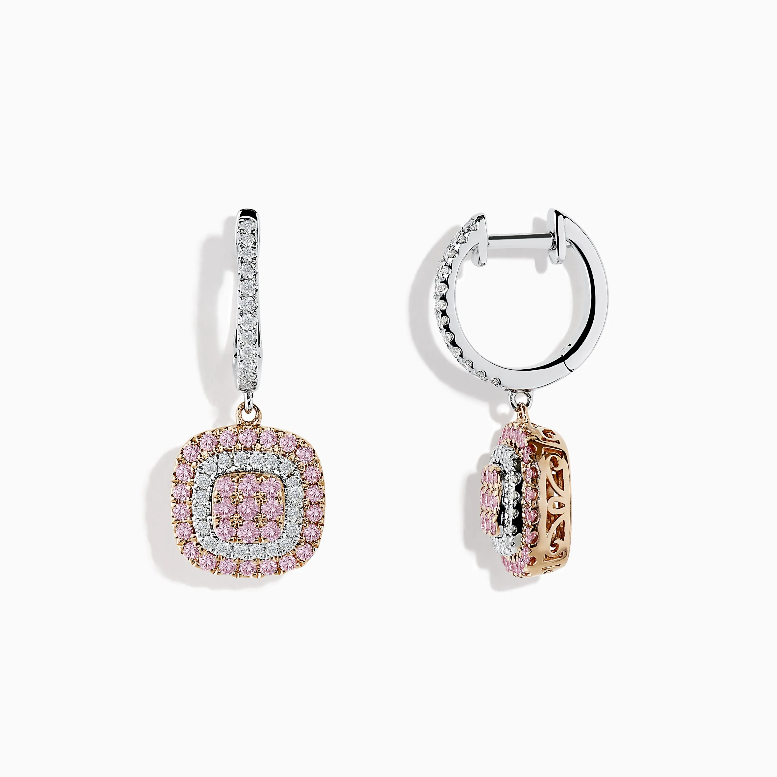 14K Two-Tone Gold Pink and White Diamond Drop Earrings