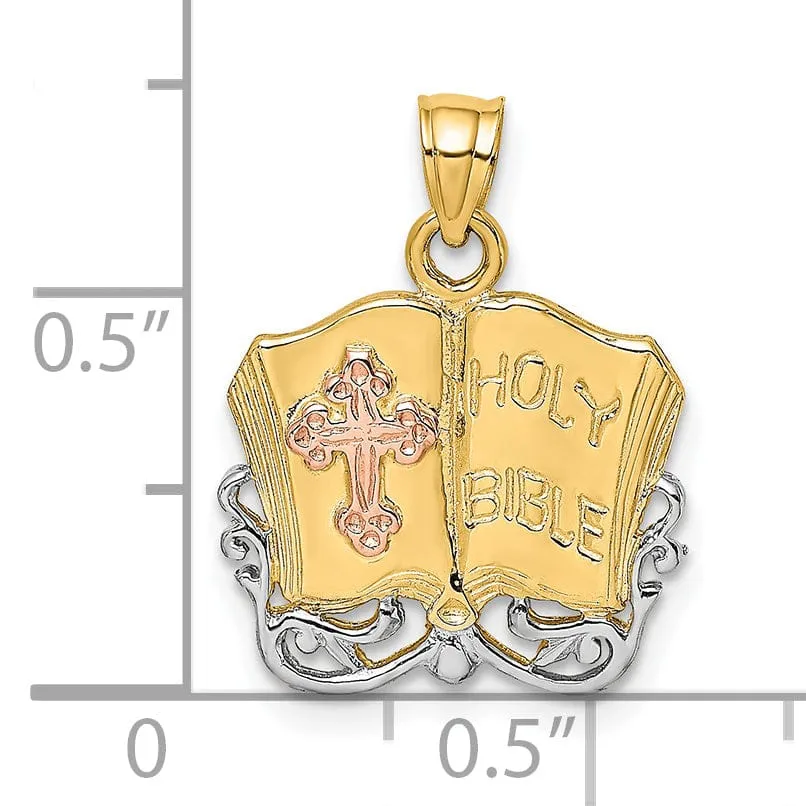 14K Two Tone White Rhodium Gold Holy Bible with Cross Design Pendant