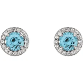 14K White 5 mm Natural Blue Zircon & 1/8 CTW Natural Diamond Earrings