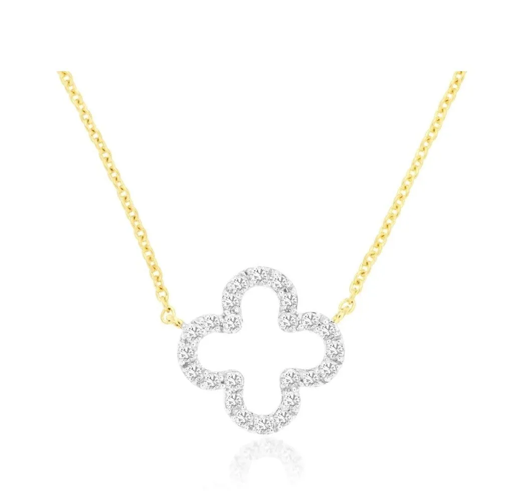 14k white and yellow  gold open quatrefoil diamond outline necklace