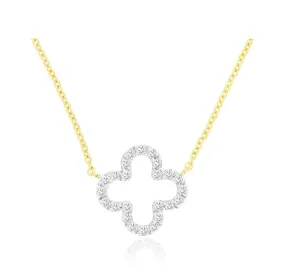 14k white and yellow  gold open quatrefoil diamond outline necklace