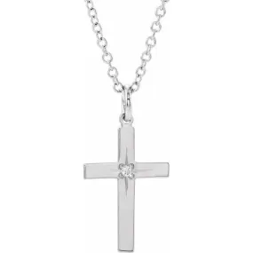 14K White Gold .0075 CT Natural Diamond Youth Cross 15" Necklace