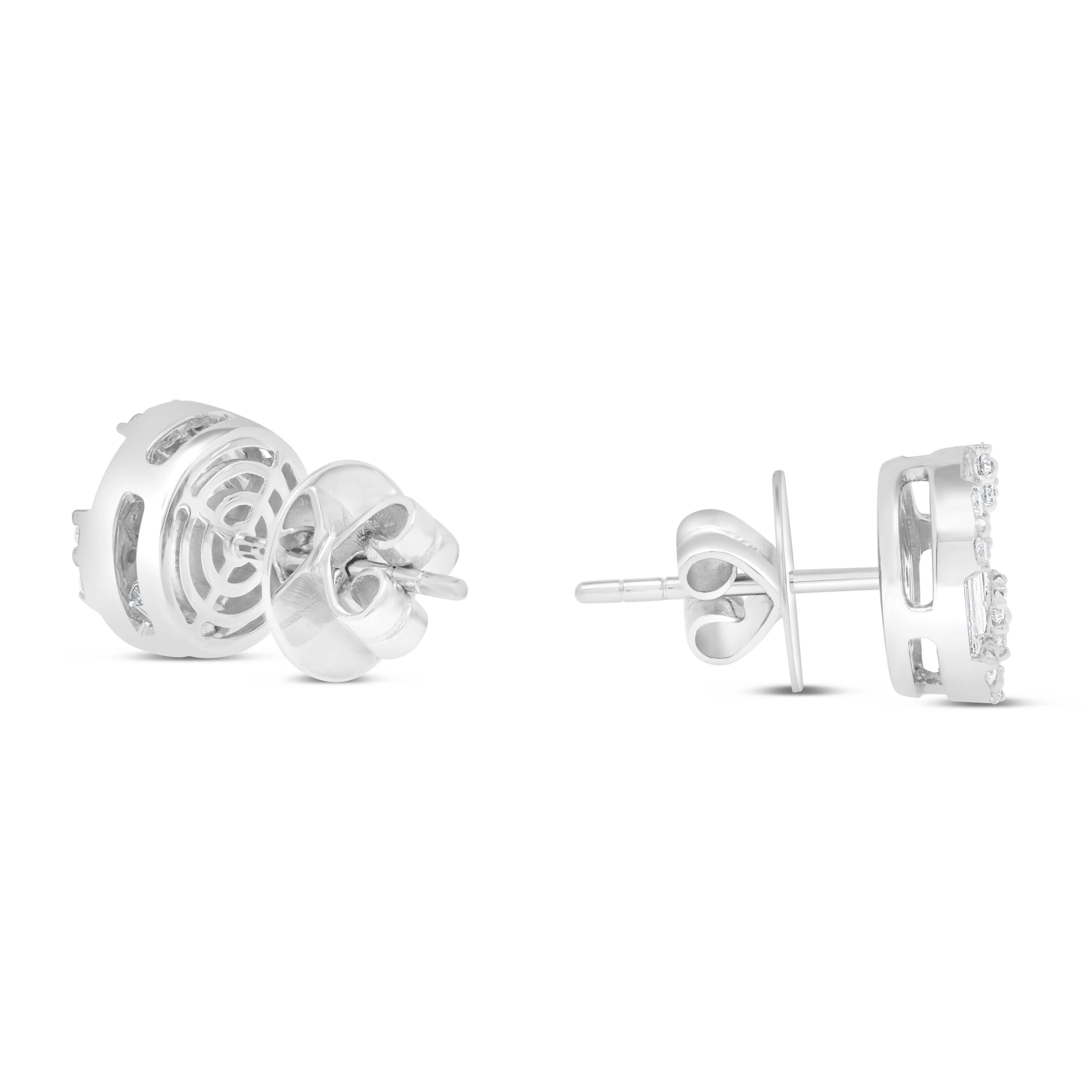 14k White Gold Baguette & Round Diamond Stud Earrings