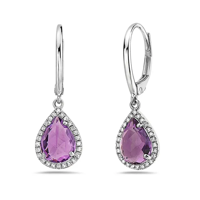 14K White Gold Pear Shape Amethyst And Diamond Earring