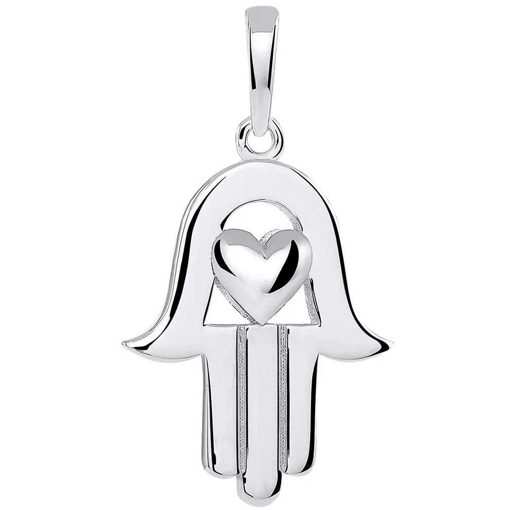 14k White Gold Polished Hamsa Hand of Fatima with Heart Pendant Necklace