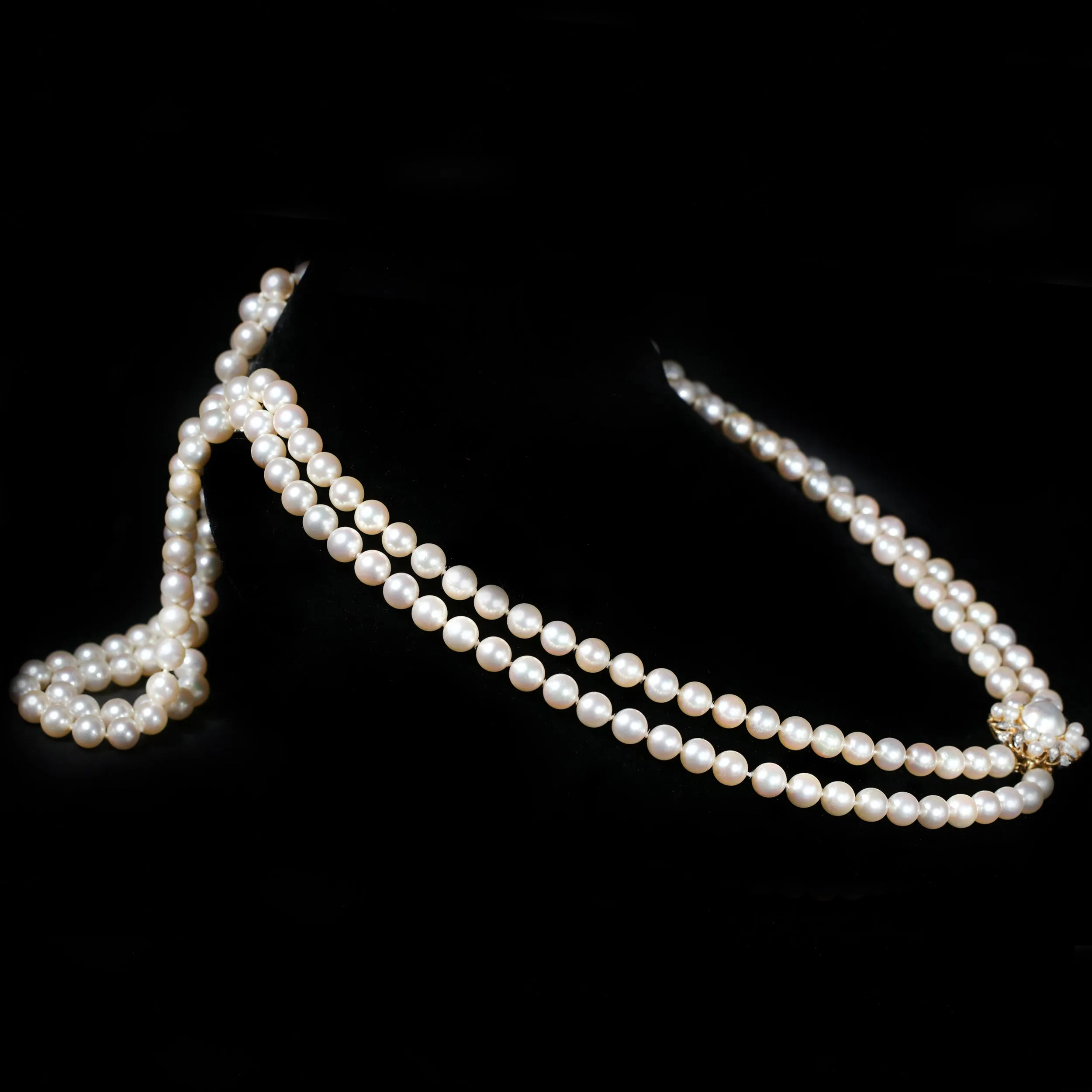 14K Yellow Gold 27" Double Strand Pearl and Diamond Necklace