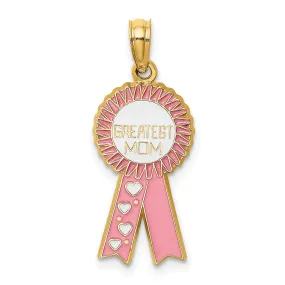 14k Yellow Gold Enamel GREATEST MOM Pink RIBBON Charm Pendant