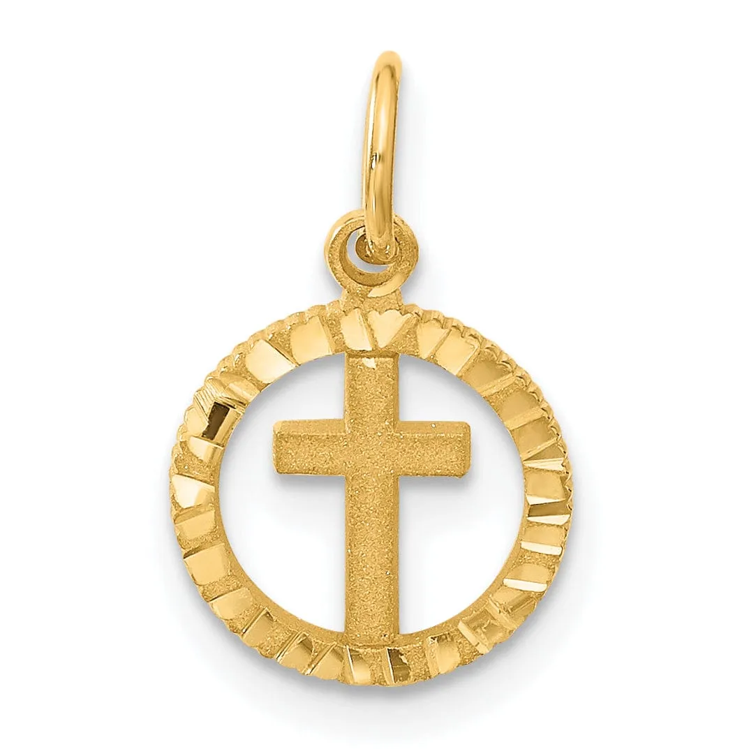 14K Yellow Gold Eternal Life Cross in Circle Design Charm Pendant