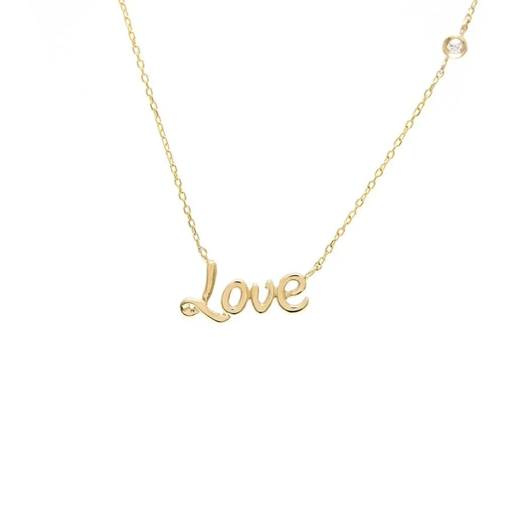 14K Yellow Gold Love Round Bezel Diamond Necklace