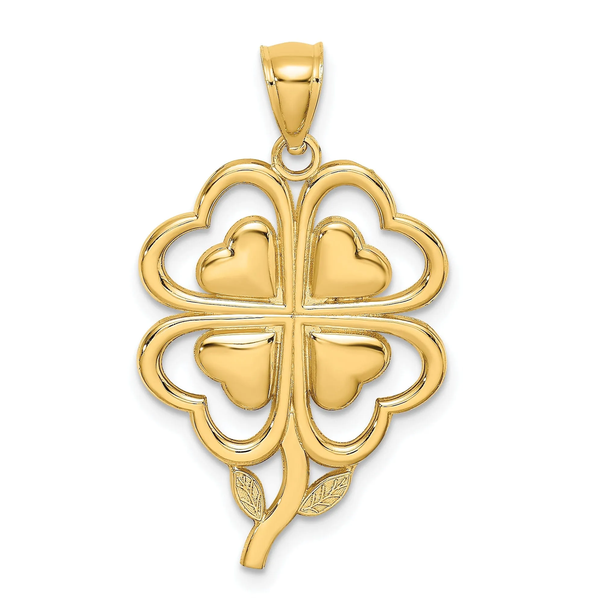 14K Yellow Gold Open Back Polished Finish 4-Leaf Clover With Heart Design Charm Pendant