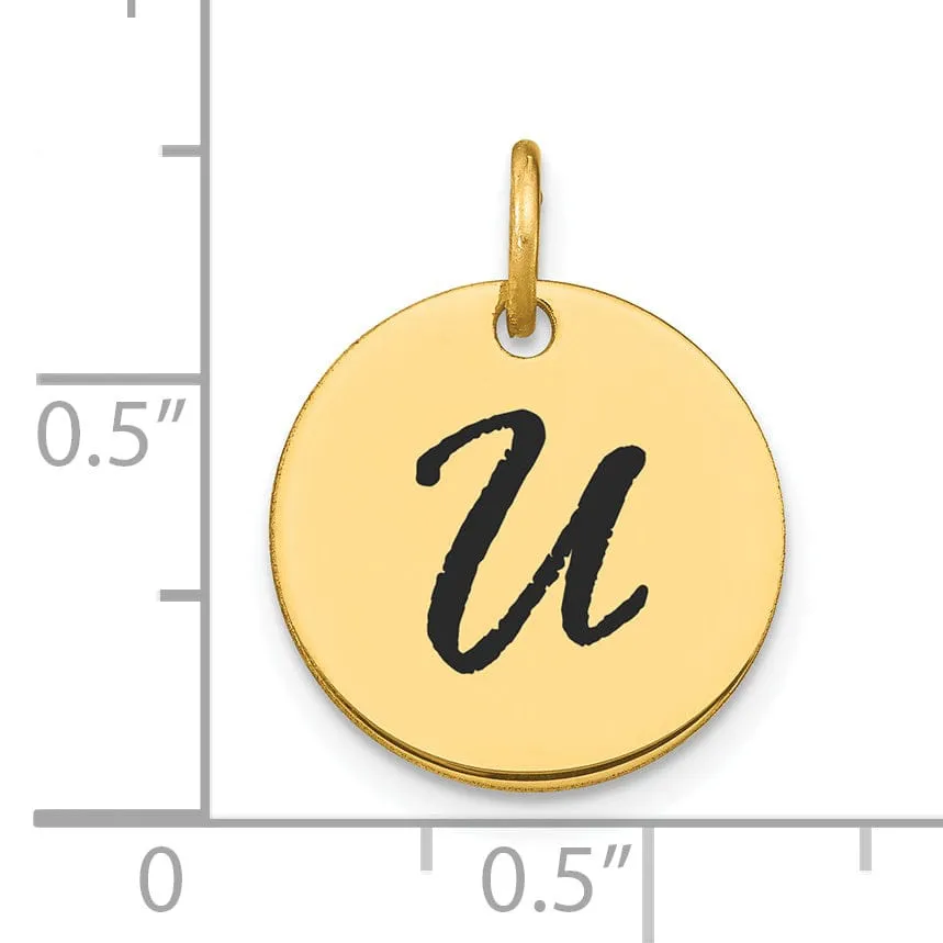 14k Yellow Gold Polished Black Epoxy Finish Letter U Initial Disk Shape Charm Pendant