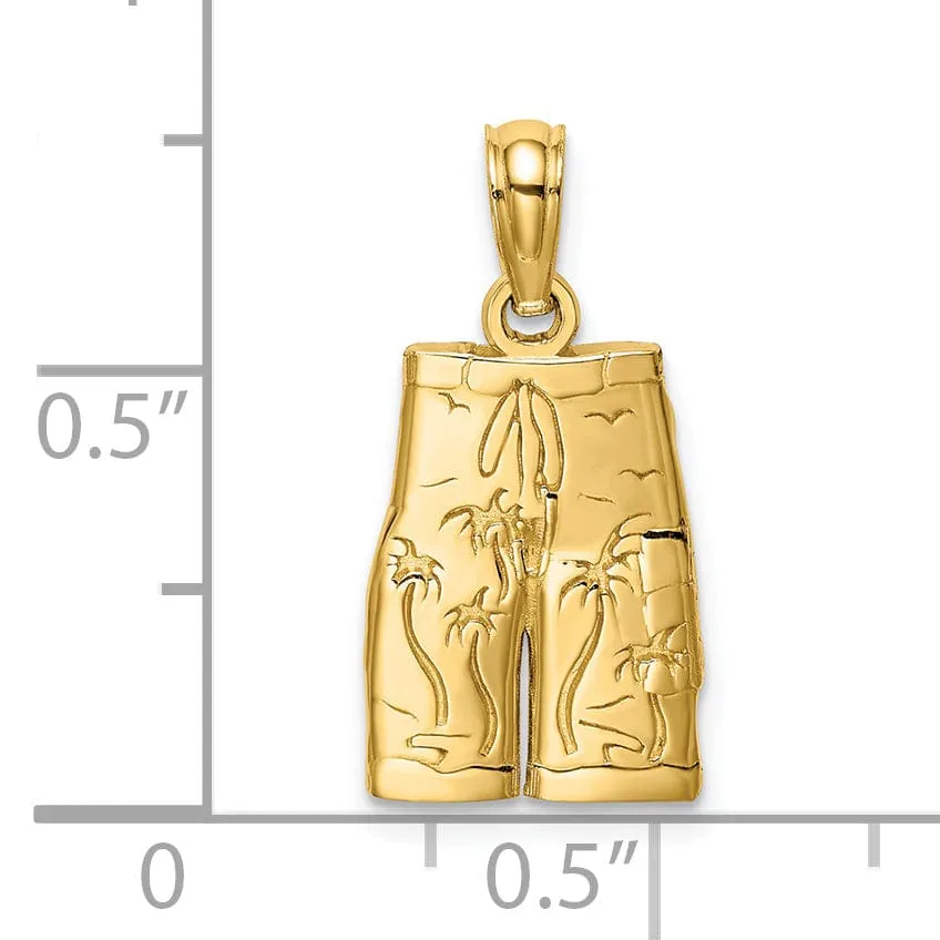 14K Yellow Gold Polished Finish Flat Back Board Shorts with Engraved Palm Trees Design Charm Pendant