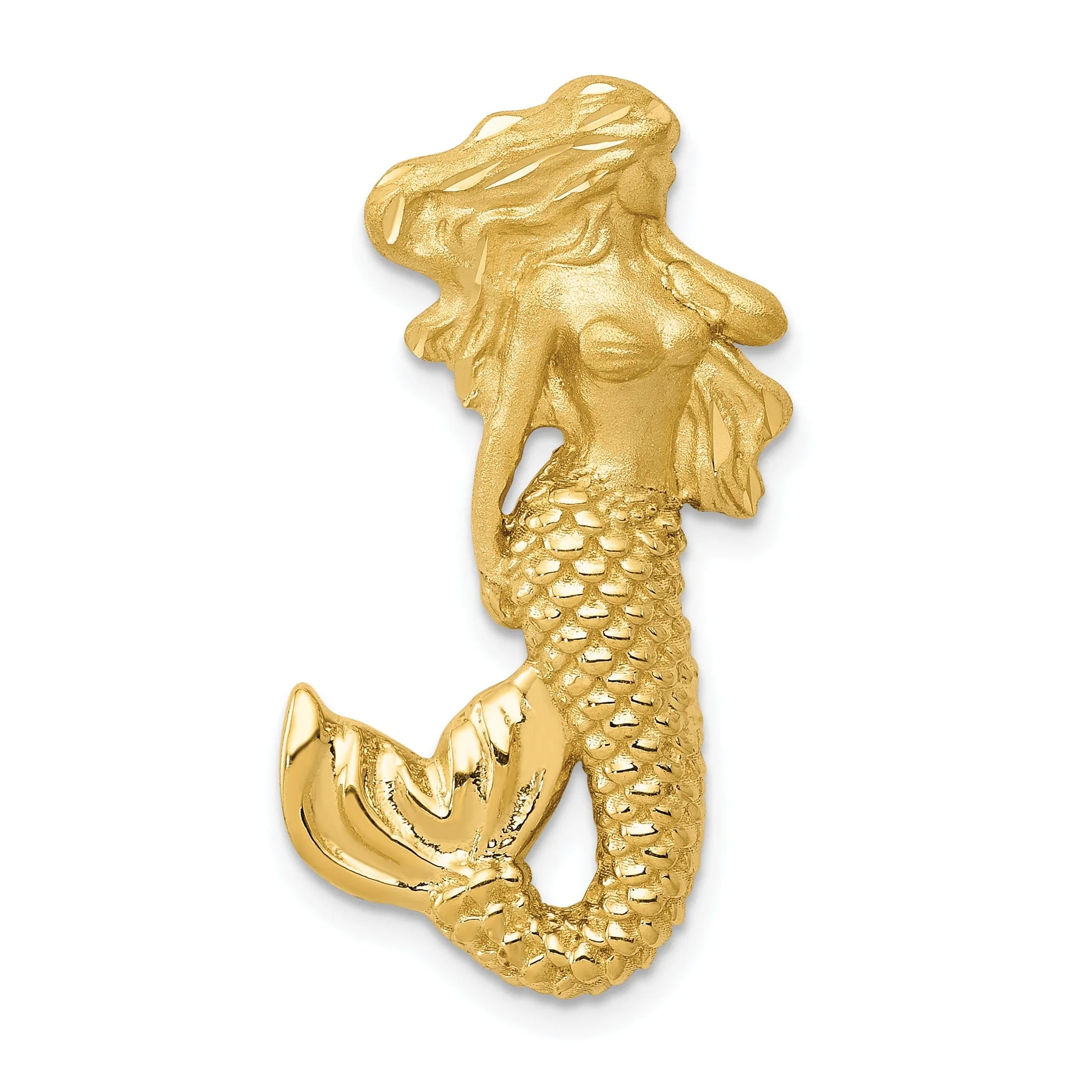 14K Yellow Gold Polished Satin, Textured Finish Open Back Solid Mermaid Chain Slide Pendant Fits up to 2mm Fancy Omega