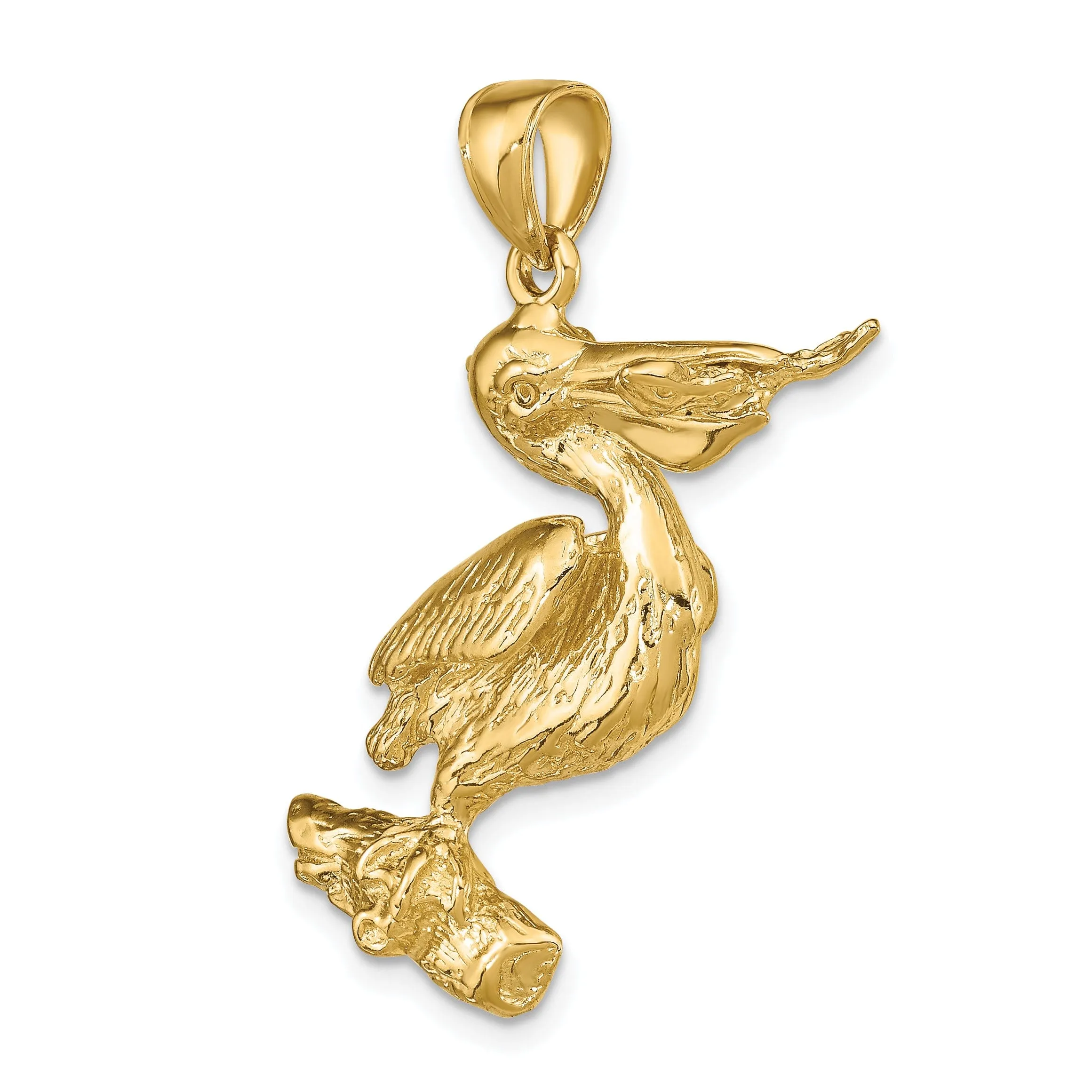 14K Yellow Gold Polished Textured Finish 3-Dimensional Pelican with Fish In Mouth Charm Pendant