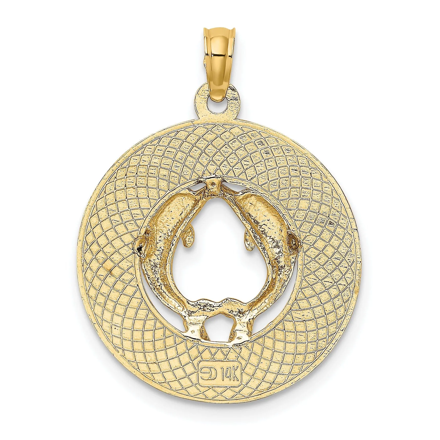 14K Yellow Gold Polished Textured Finish MARCO ISLAND with Double Dolphins in Circle Design Charm Pendant