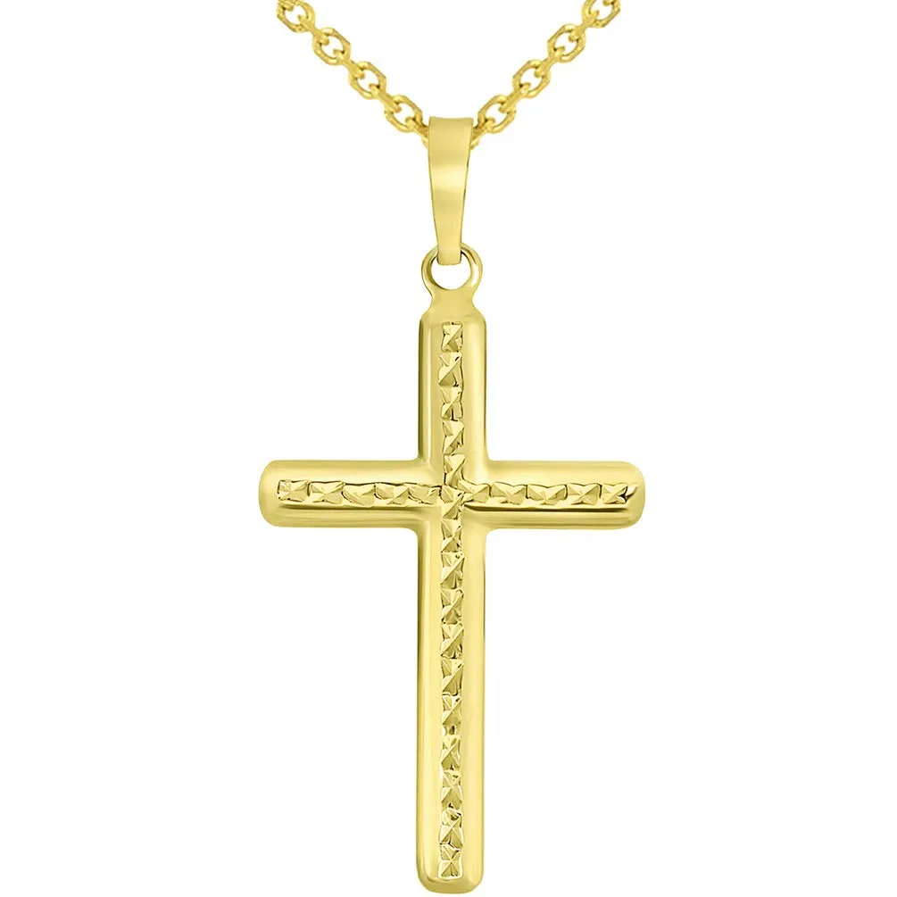 14k Yellow Gold Textured Religious Classic Cross Pendant Necklace