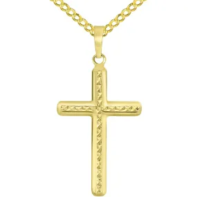 14k Yellow Gold Textured Religious Classic Cross Pendant Necklace