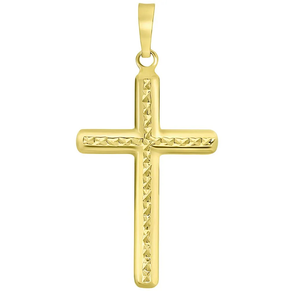 14k Yellow Gold Textured Religious Classic Cross Pendant Necklace