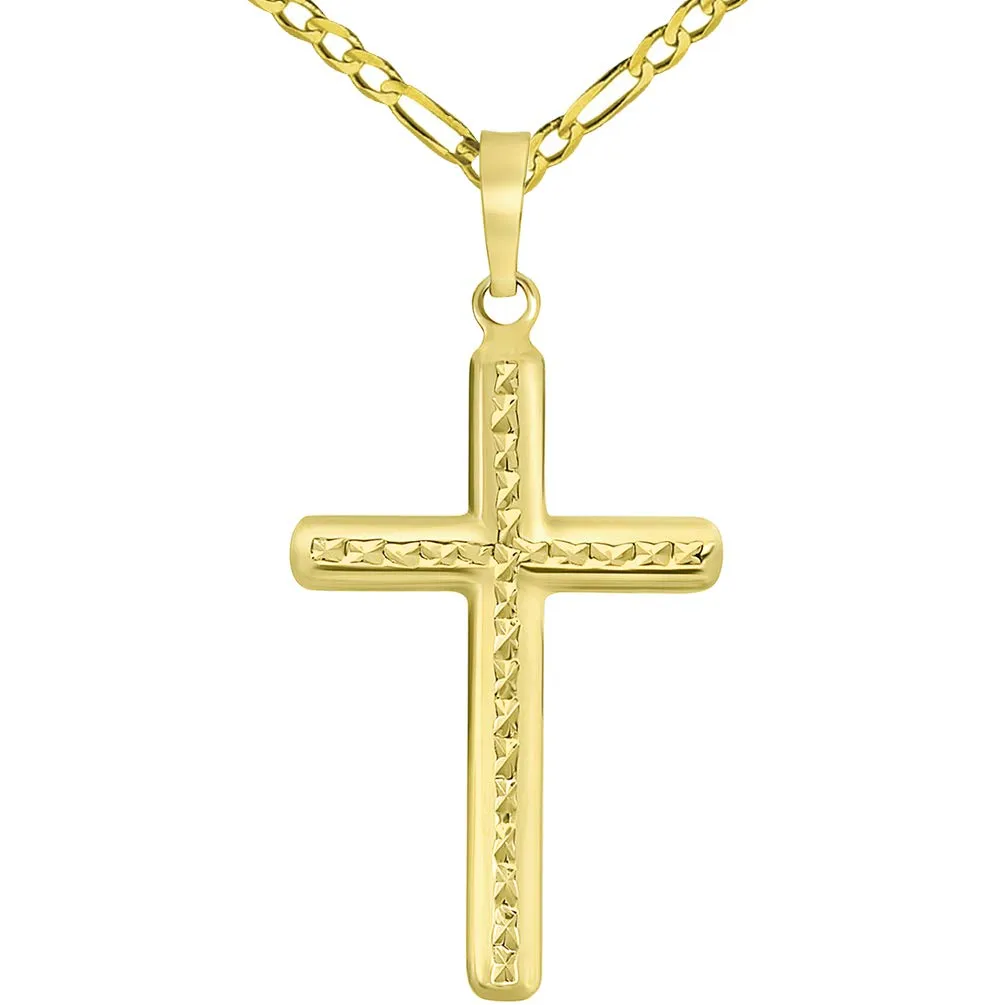 14k Yellow Gold Textured Religious Classic Cross Pendant Necklace