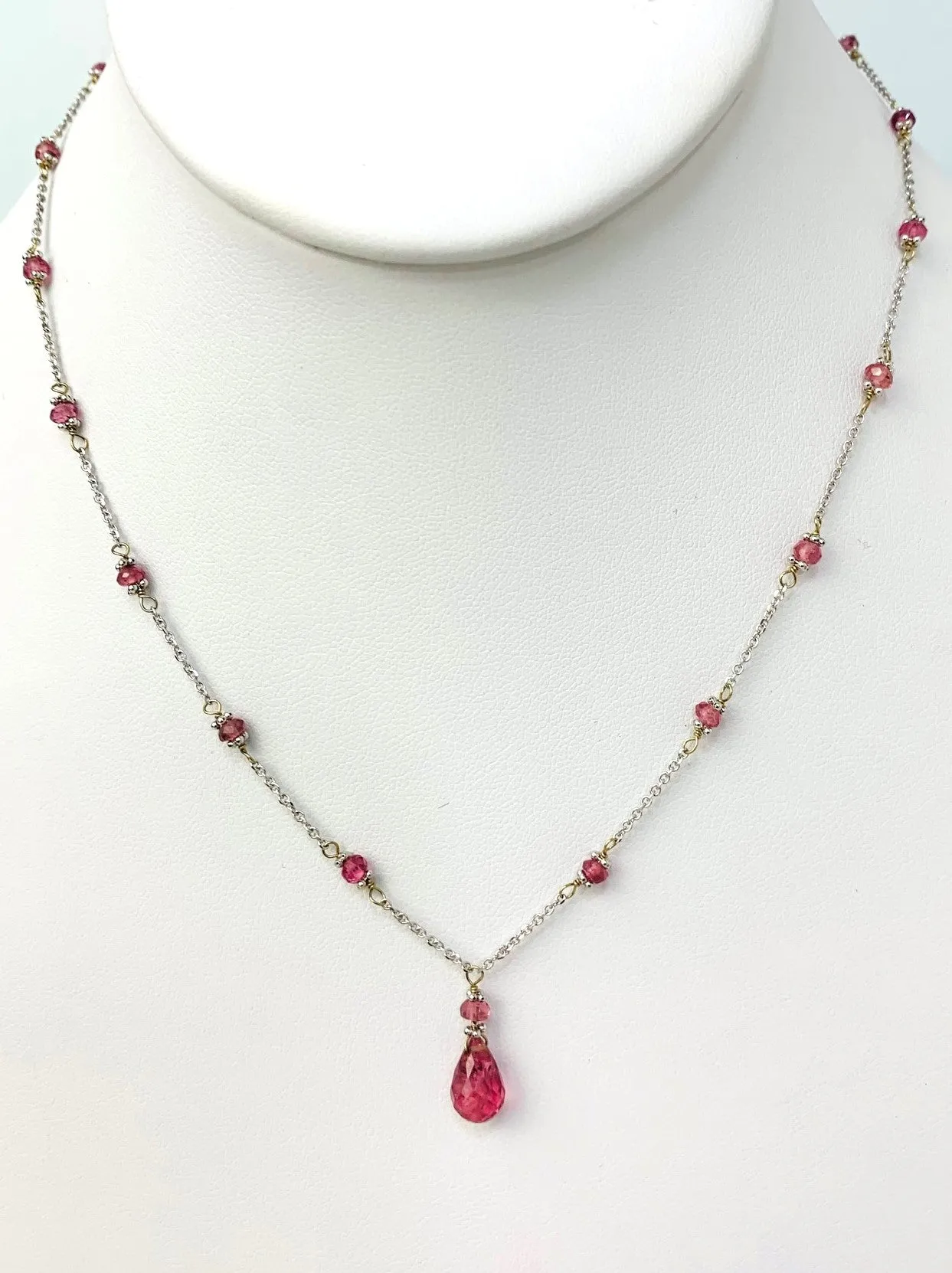 15-16" Pink Tourmaline Station Necklace With Pear Drop Center in 14KW - NCK-395-TNCDRPGM14W-PKT-16