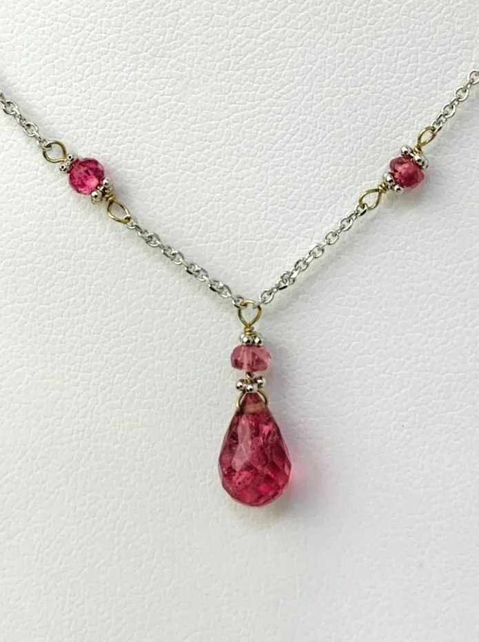 15-16" Pink Tourmaline Station Necklace With Pear Drop Center in 14KW - NCK-395-TNCDRPGM14W-PKT-16