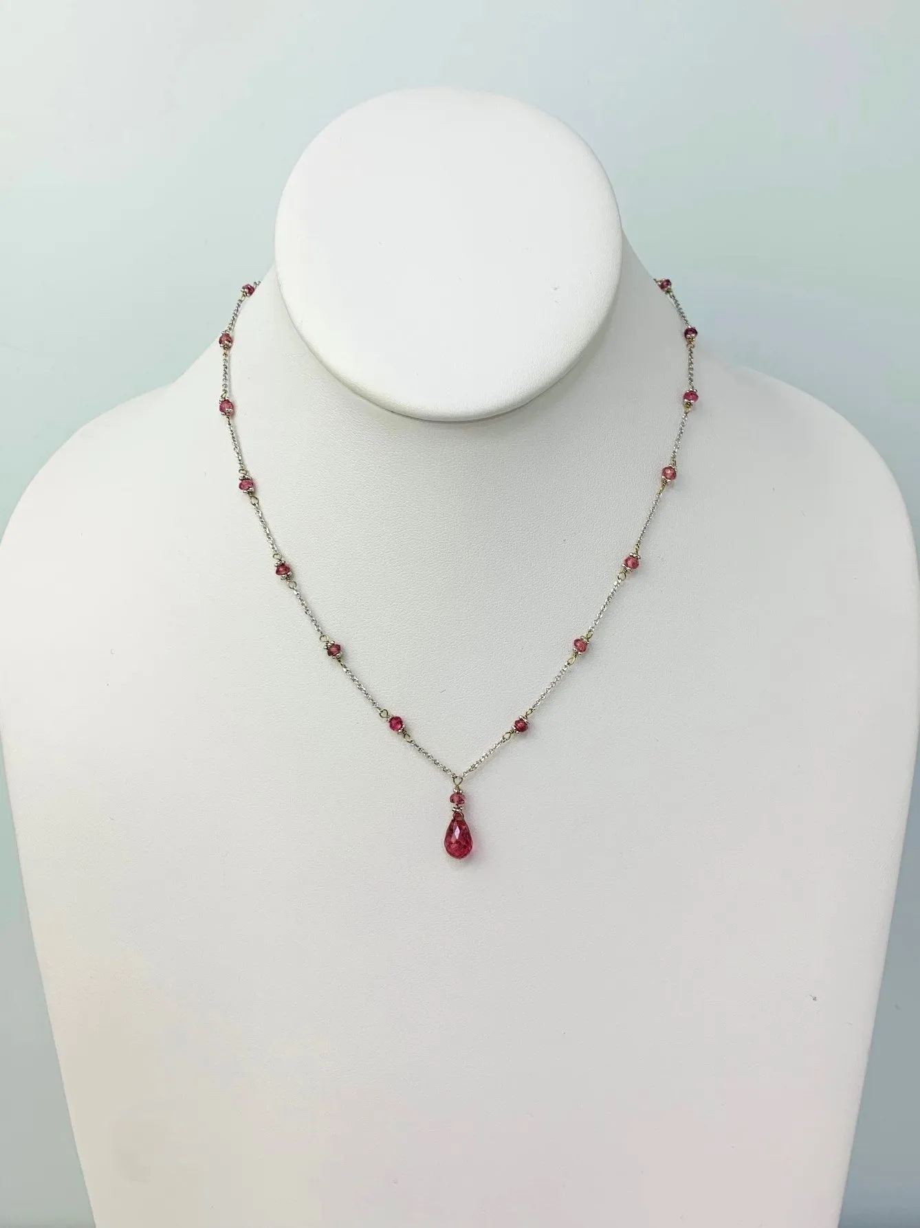 15-16" Pink Tourmaline Station Necklace With Pear Drop Center in 14KW - NCK-395-TNCDRPGM14W-PKT-16