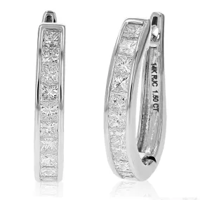 1.50 cttw Princess Diamond Hoop Earrings 14K White Gold Channel Set 3/4 Inch