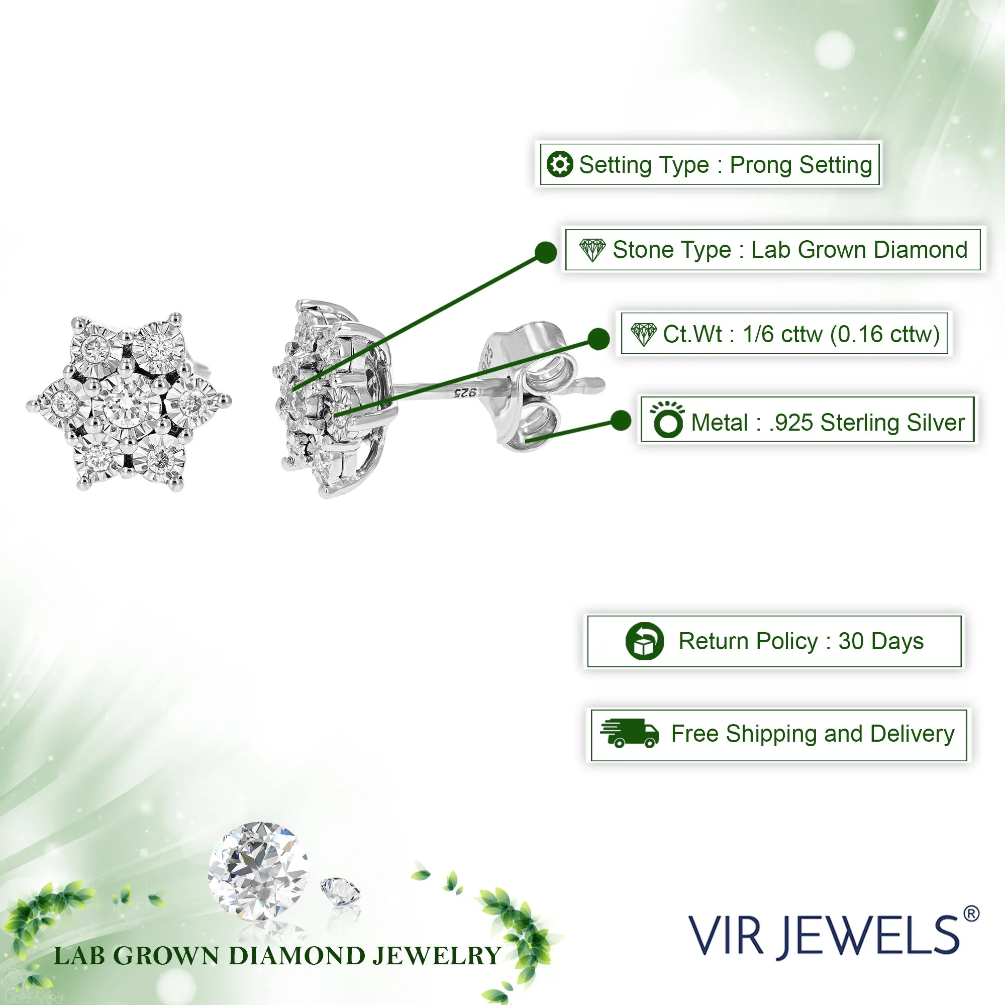 1/6 cttw Lab Grown Diamond Earrings, Studs Made In 925 Sterling Silver Round Cut Prong Set