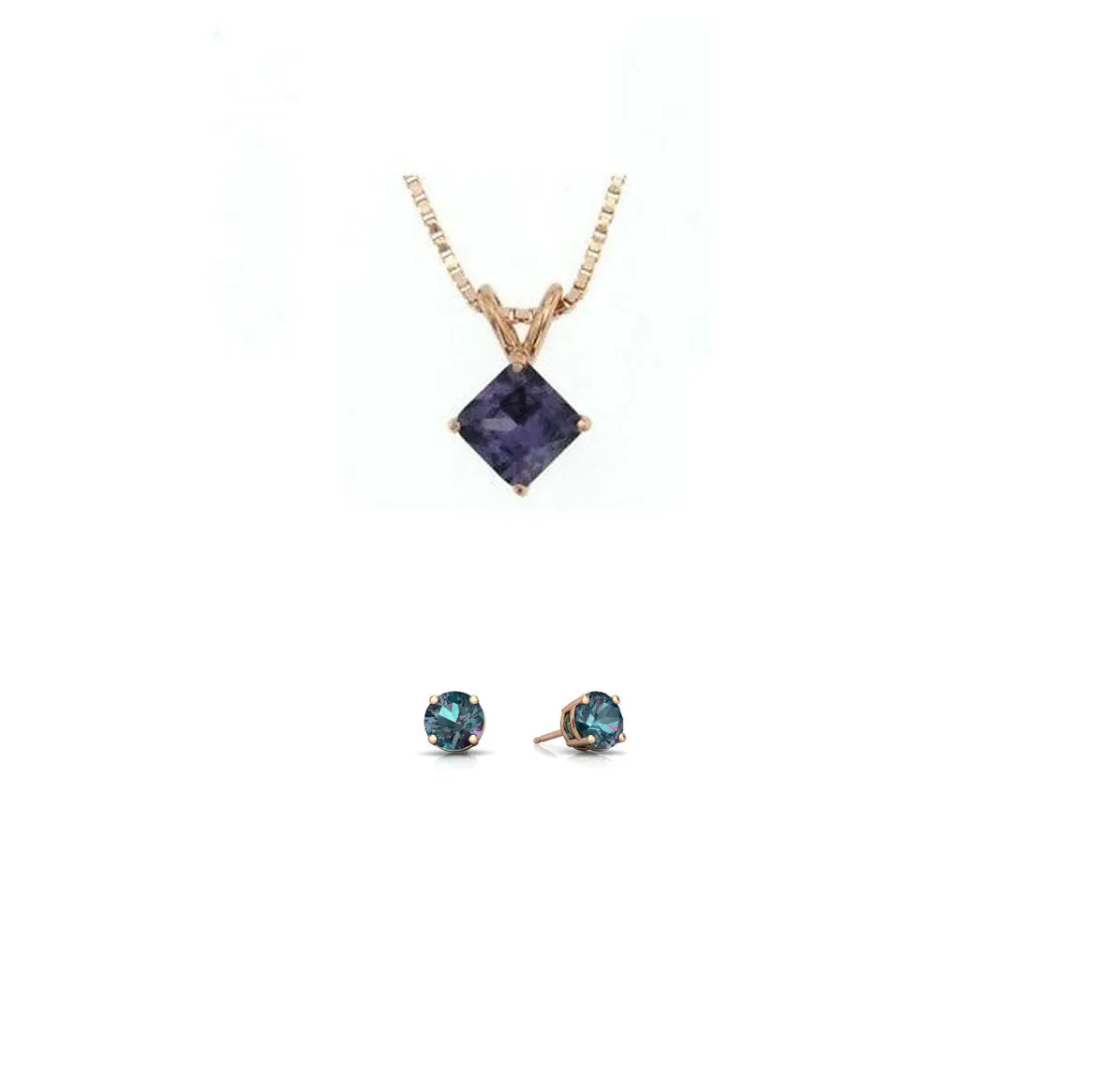 18K Rose Gold 1ct Alexandrite Square 18 Inch Necklace and Round Earrings Set Plated